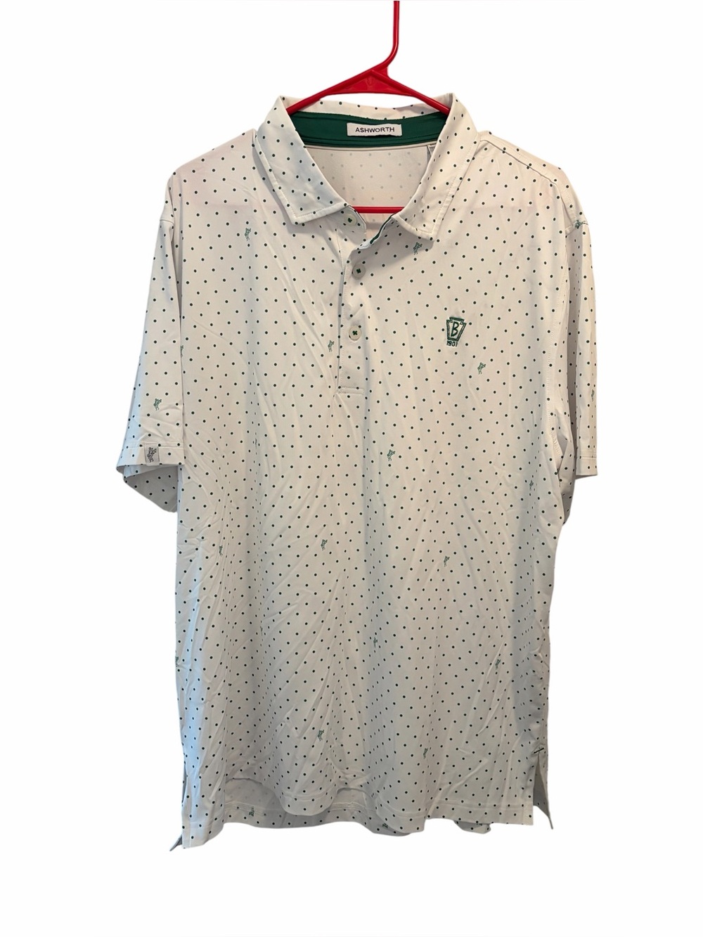 Ashworth White Polo with Green Micro Dot Pattern. Bala Golf Club. Size XL